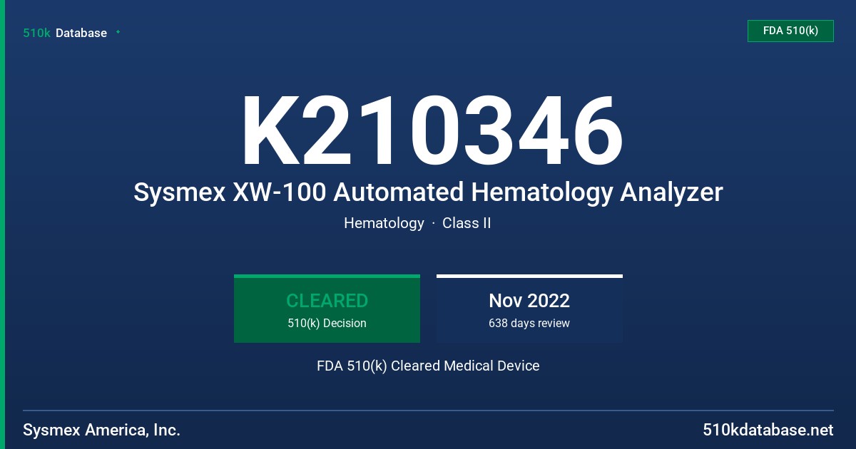 K210346 Sysmex XW-100 Automated Hematology Analyzer FDA 510(k) Cleared Medical Device