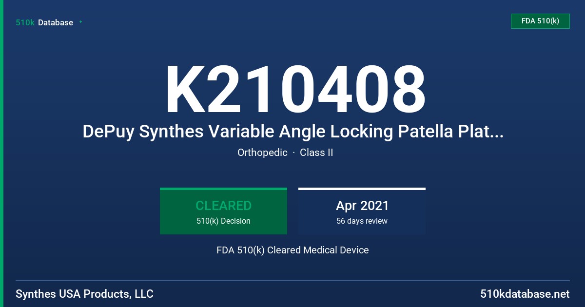 K210408 DePuy Synthes Variable Angle Locking Patella Plating System FDA 510(k) Cleared Medical Device