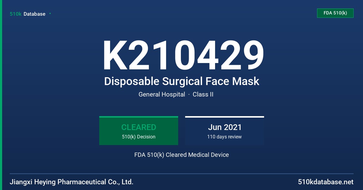 K210429 Disposable Surgical Face Mask FDA 510(k) Cleared Medical Device