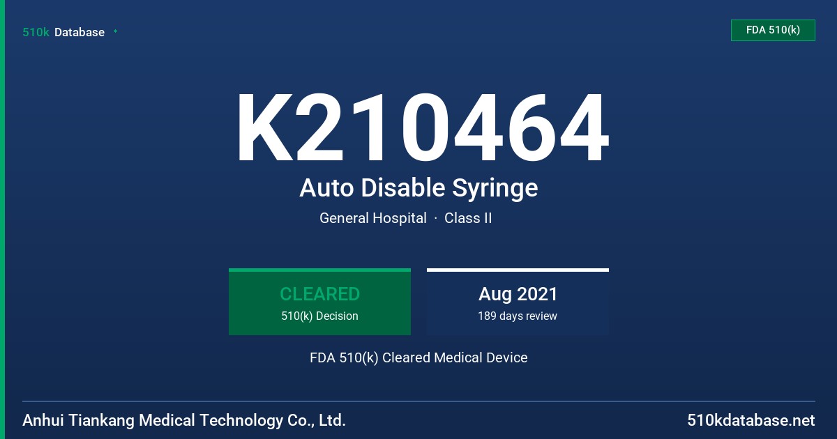K210464 Auto Disable Syringe FDA 510(k) Cleared Medical Device