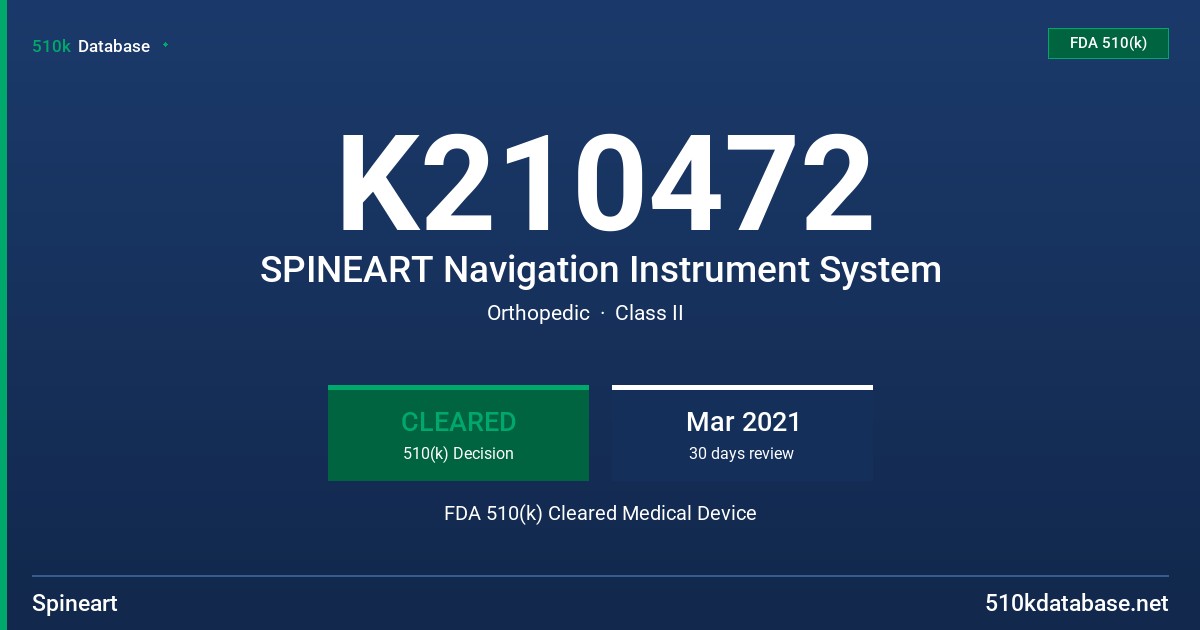 K210472 SPINEART Navigation Instrument System FDA 510(k) Cleared Medical Device