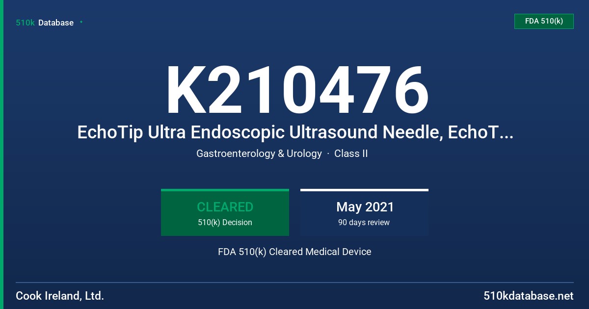 K210476 EchoTip Ultra Endoscopic Ultrasound Needle, EchoTip ProCore HD Ultrasound Biopsy Needle, EchoTip Ultra Endobronchial High Definition Ultrasound Needle, EchoTip ProCore Endobronchial High Definition Ultrasound Biopsy Needle FDA 510(k) Cleared Medical Device