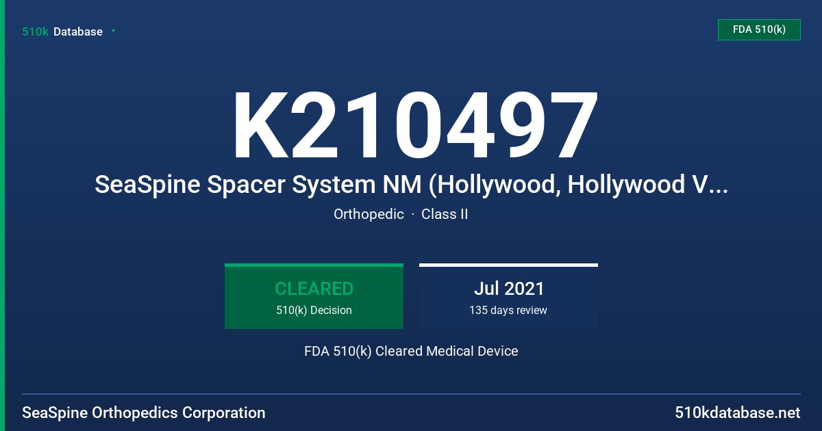 K210497 SeaSpine Spacer System NM (Hollywood, Hollywood VI, Pacifica, Redondo, Ventura), Vu a•POD-L NanoMetalene, SeaSpine Vu e•POD System, SeaSpine Vu a•POD Prime NanoMetalene Intervertebral, SeaSpine Shoreline ACS - Anterior Cervical Standalone, SeaSpine Cervical Interbody RT System, SeaSpine Cambria System, SeaSpine Regatta Lateral System, SeaSpine Reef TO/TA System, SeaSpine Reef TH System, SeaSpine Meridian System FDA 510(k) Cleared Medical Device