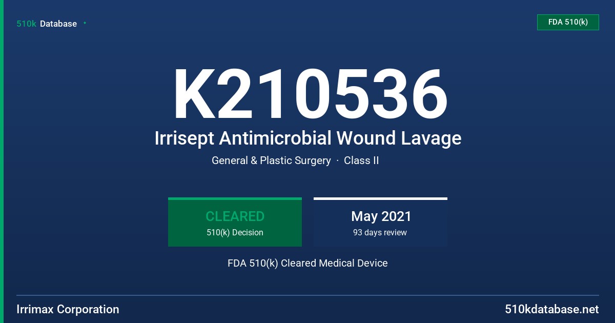 K210536 Irrisept Antimicrobial Wound Lavage FDA 510(k) Cleared Medical Device