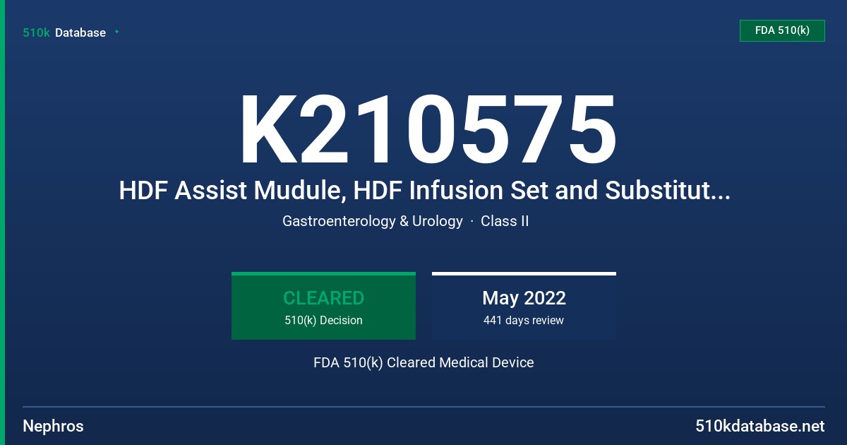 K210575 HDF Assist Mudule, HDF Infusion Set and Substitution Filter FDA 510(k) Cleared Medical Device