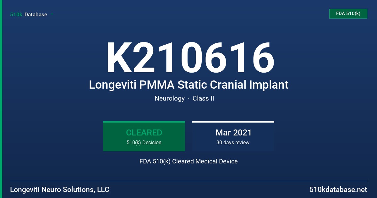 K210616 Longeviti PMMA Static Cranial Implant FDA 510(k) Cleared Medical Device