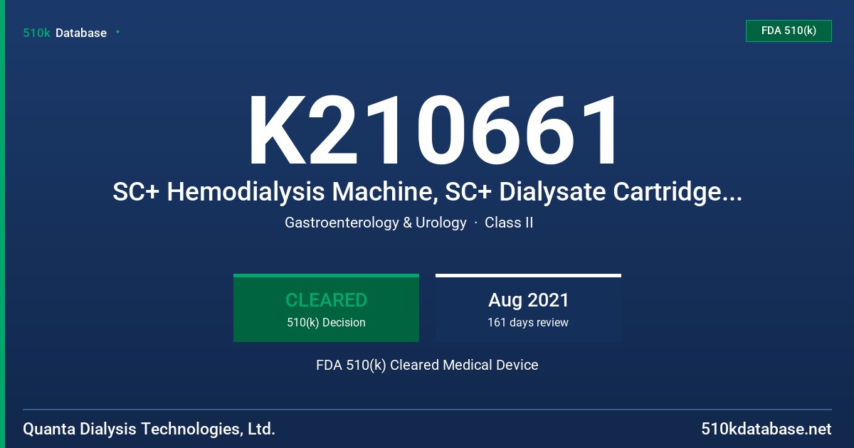 K210661 SC+ Hemodialysis Machine, SC+ Dialysate Cartridge, SC+ Blood Tubeset FDA 510(k) Cleared Medical Device