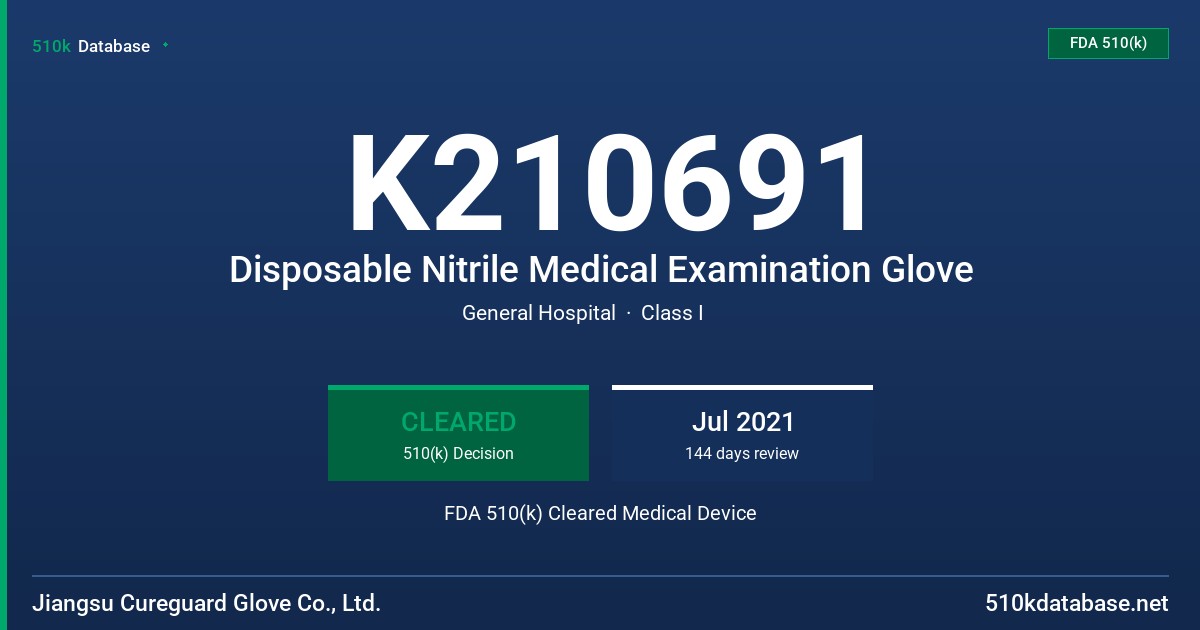 K210691 Disposable Nitrile Medical Examination Glove FDA 510(k) Cleared Medical Device