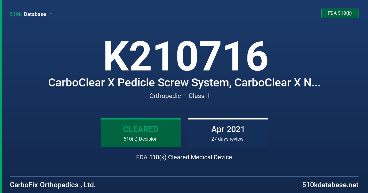 K210716 CarboClear X Pedicle Screw System, CarboClear X Navigated Instruments FDA 510(k) Cleared Medical Device