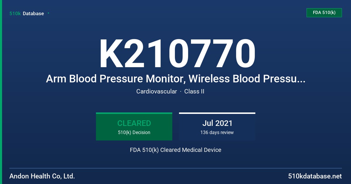 K210770 Arm Blood Pressure Monitor, Wireless Blood Pressure Monitor FDA 510(k) Cleared Medical Device