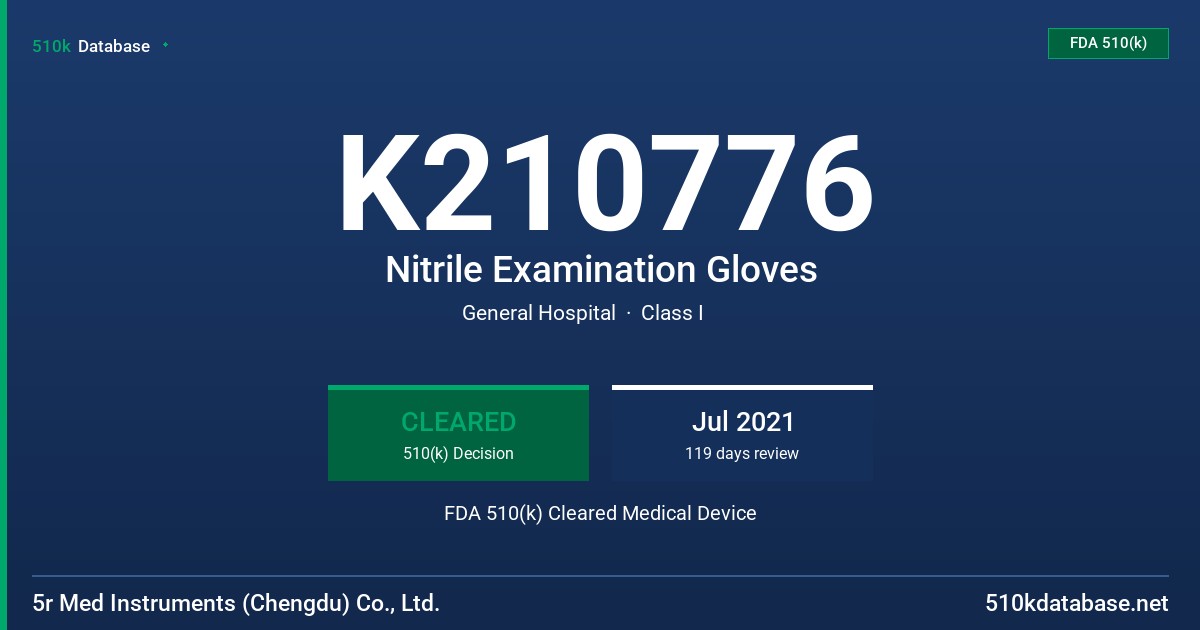K210776 Nitrile Examination Gloves FDA 510(k) Cleared Medical Device