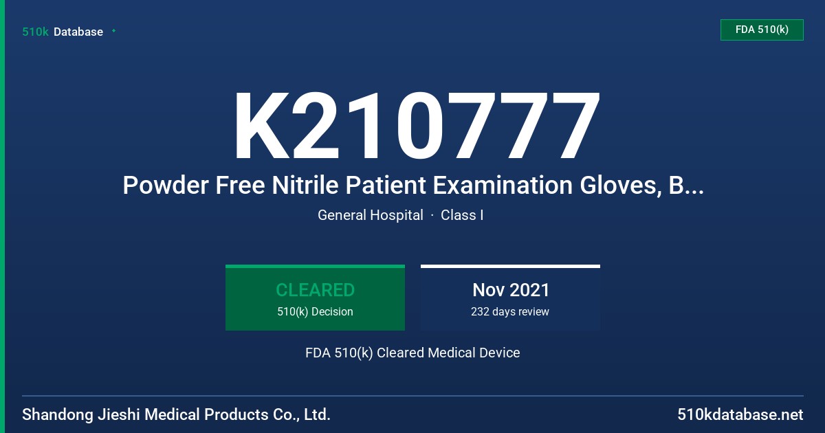 K210777 Powder Free Nitrile Patient Examination Gloves, Blue Color FDA 510(k) Cleared Medical Device