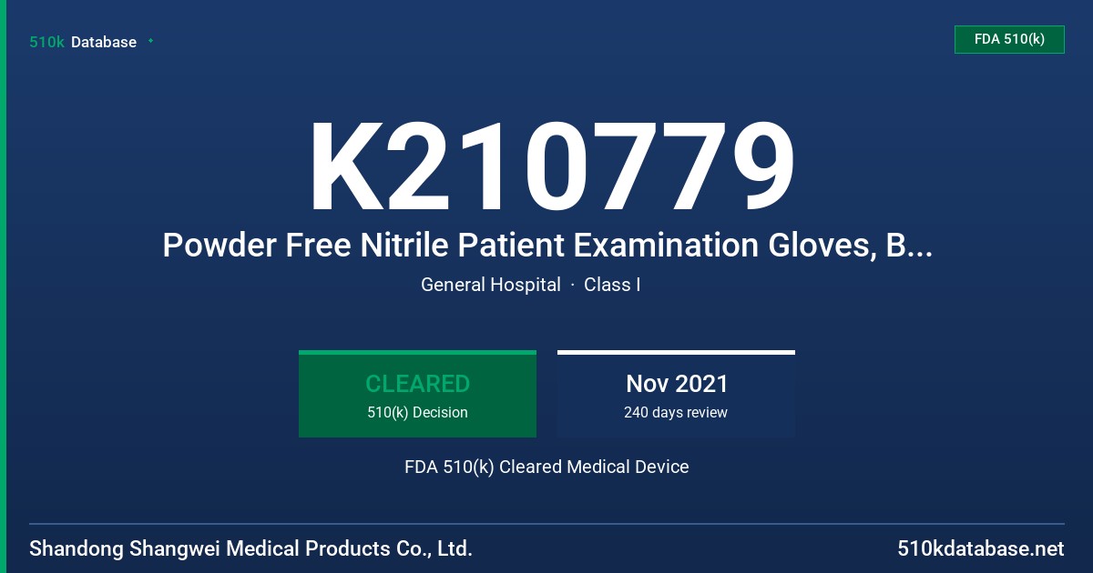 K210779 Powder Free Nitrile Patient Examination Gloves, Blue Color FDA 510(k) Cleared Medical Device