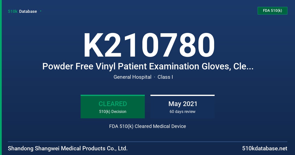 K210780 Powder Free Vinyl Patient Examination Gloves, Clear (non-colored) FDA 510(k) Cleared Medical Device