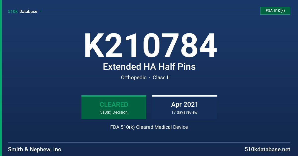 K210784 Extended HA Half Pins FDA 510(k) Cleared Medical Device
