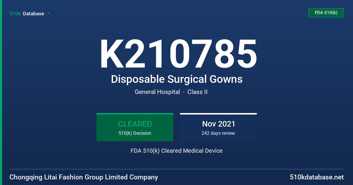 K210785 Disposable Surgical Gowns FDA 510(k) Cleared Medical Device
