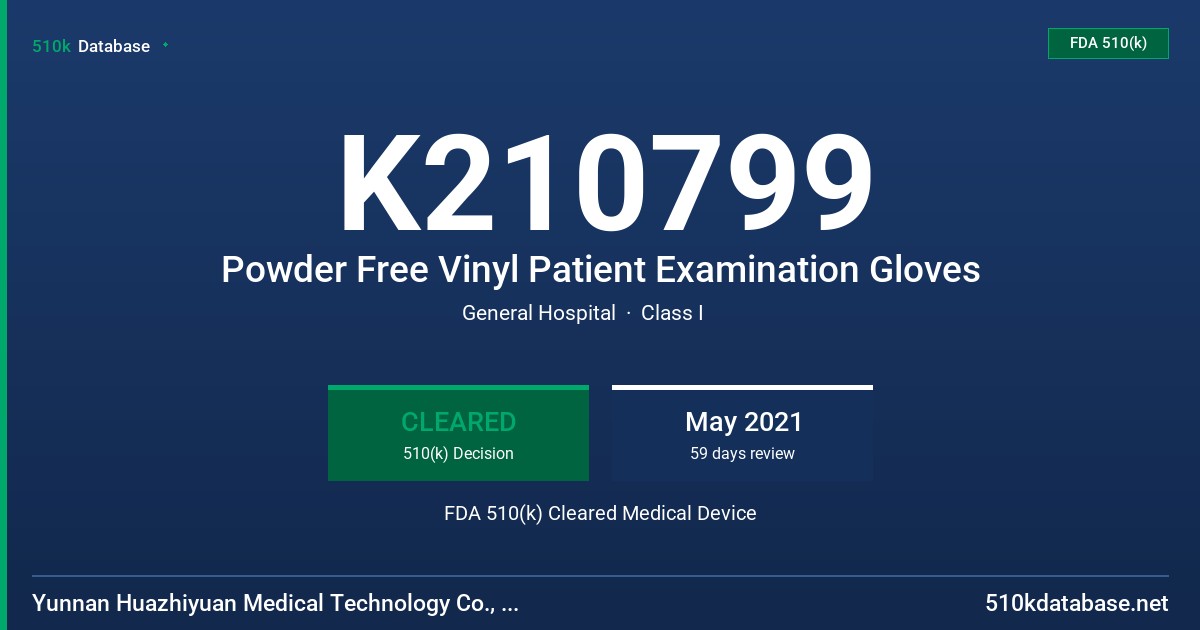 K210799 Powder Free Vinyl Patient Examination Gloves FDA 510(k) Cleared Medical Device