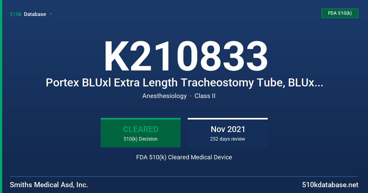 K210833 Portex BLUxl Extra Length Tracheostomy Tube, BLUxl Suctionaid Extra Length Tracheostomy Tube, BLUxl Extra Length Tracheostomy Inner Cannula FDA 510(k) Cleared Medical Device