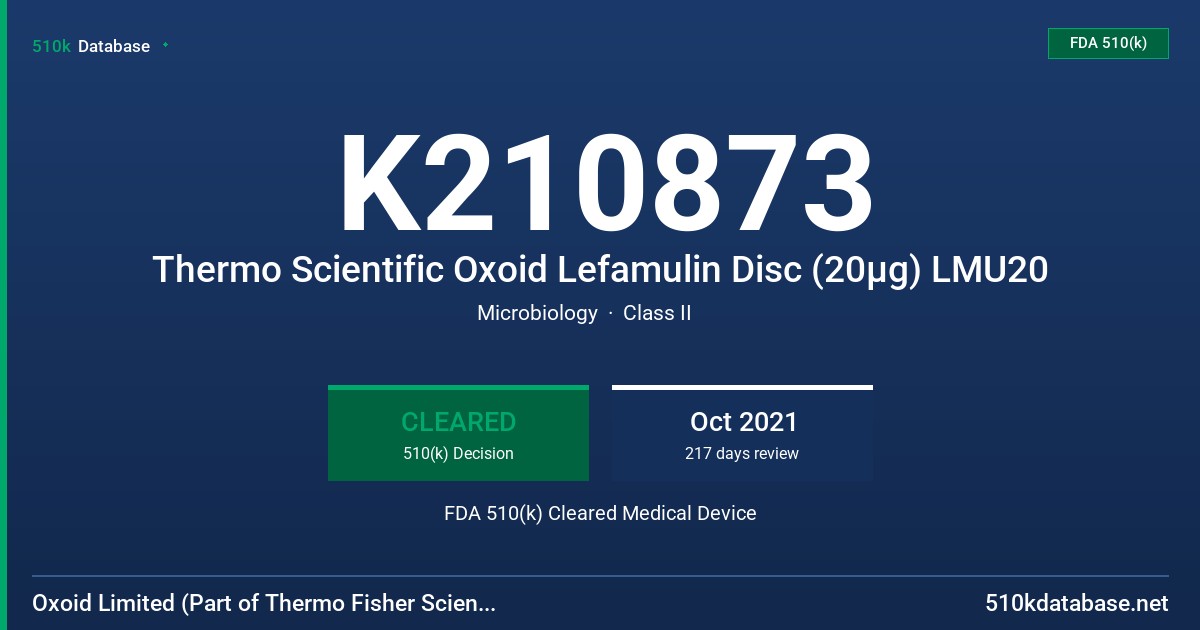 K210873 Thermo Scientific Oxoid Lefamulin Disc (20µg) LMU20 FDA 510(k) Cleared Medical Device