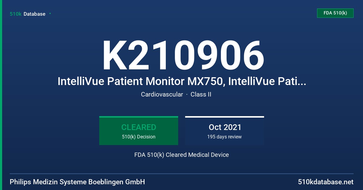 K210906 IntelliVue Patient Monitor MX750, IntelliVue Patient Monitor MX850, IntelliVue 4-Slot module rack FMX-4 FDA 510(k) Cleared Medical Device