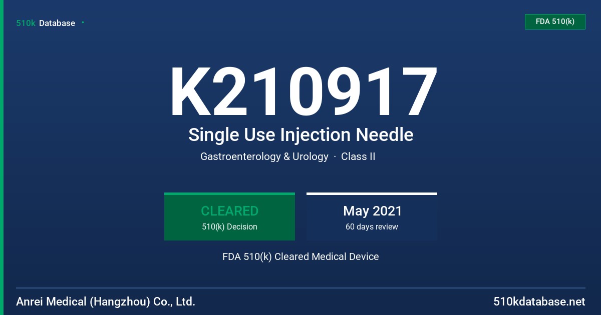 K210917 Single Use Injection Needle FDA 510(k) Cleared Medical Device