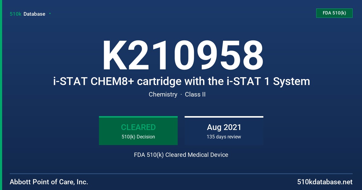 K210958 i-STAT CHEM8+ cartridge with the i-STAT 1 System FDA 510(k) Cleared Medical Device