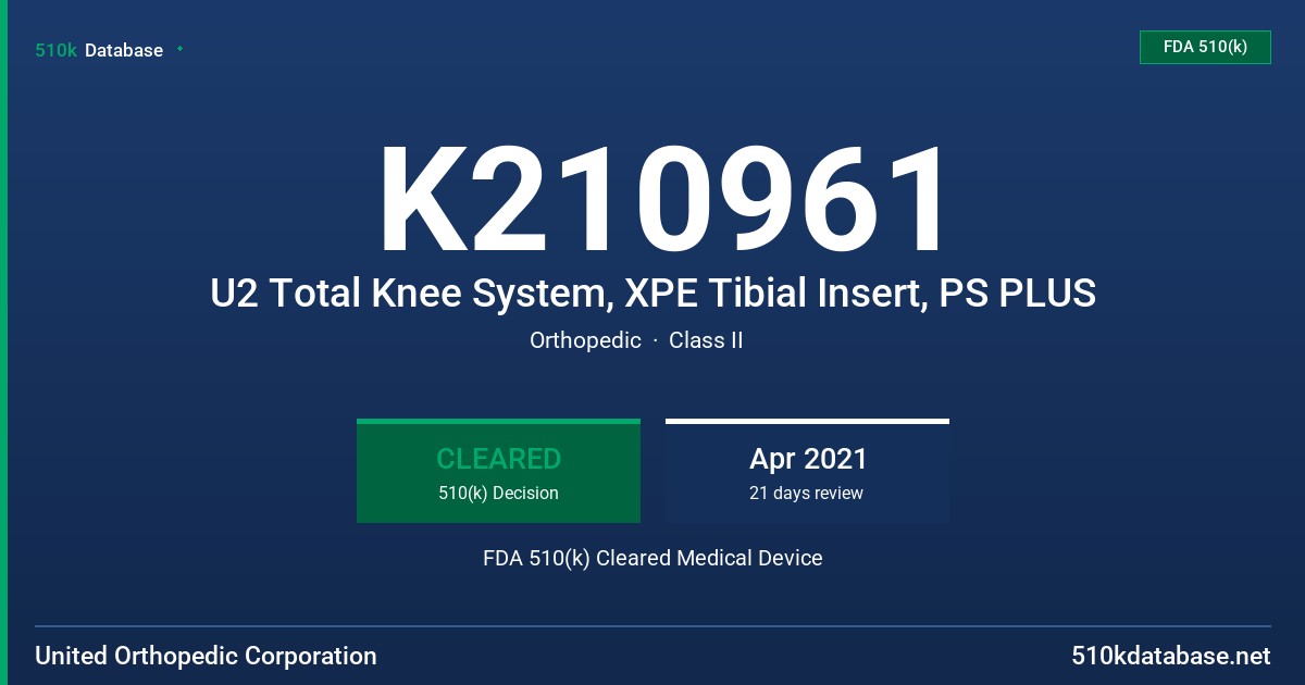 K210961 U2 Total Knee System, XPE Tibial Insert, PS PLUS FDA 510(k) Cleared Medical Device