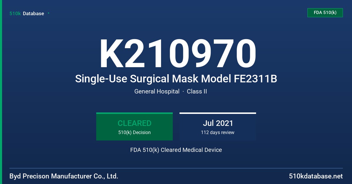 K210970 Single-Use Surgical Mask Model FE2311B FDA 510(k) Cleared Medical Device