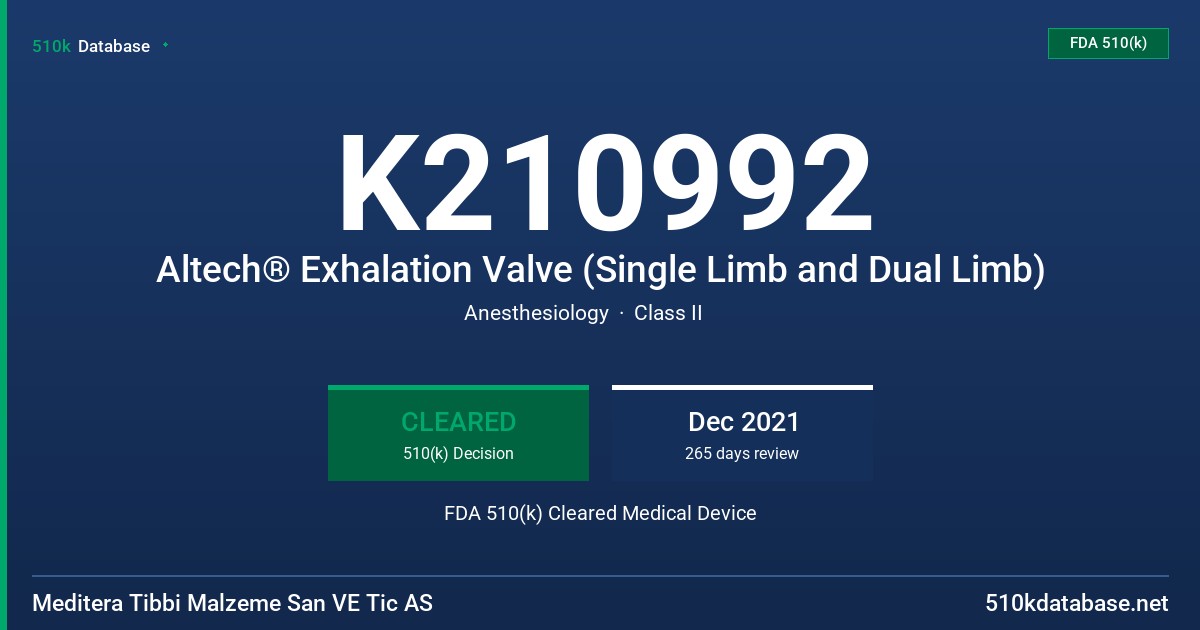 K210992 Altech® Exhalation Valve (Single Limb and Dual Limb) FDA 510(k) Cleared Medical Device