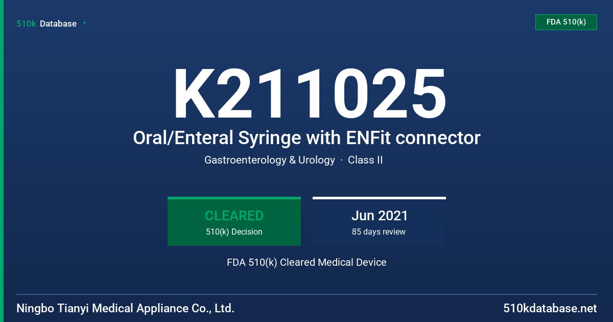 K211025 Oral/Enteral Syringe with ENFit connector FDA 510(k) Cleared Medical Device