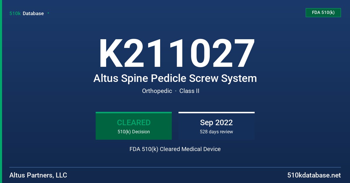 K211027 Altus Spine Pedicle Screw System FDA 510(k) Cleared Medical Device