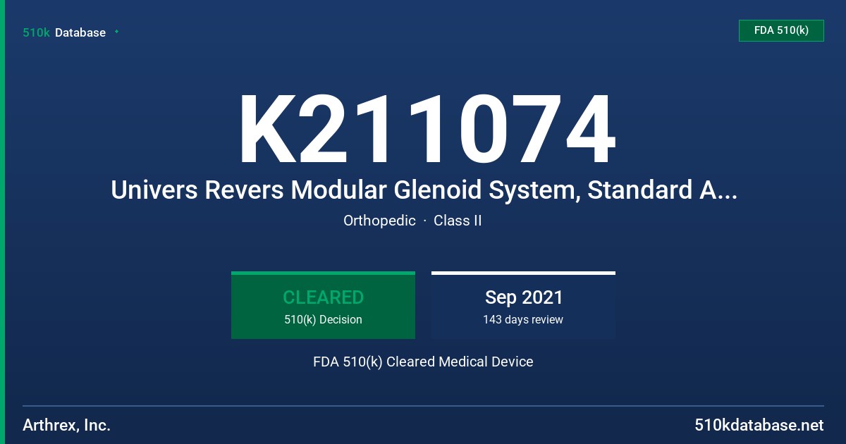 K211074 Univers Revers Modular Glenoid System, Standard Augment Baseplates FDA 510(k) Cleared Medical Device