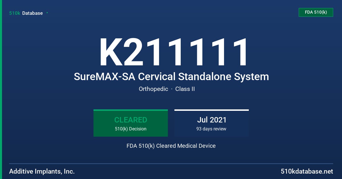K211111 SureMAX-SA Cervical Standalone System FDA 510(k) Cleared Medical Device