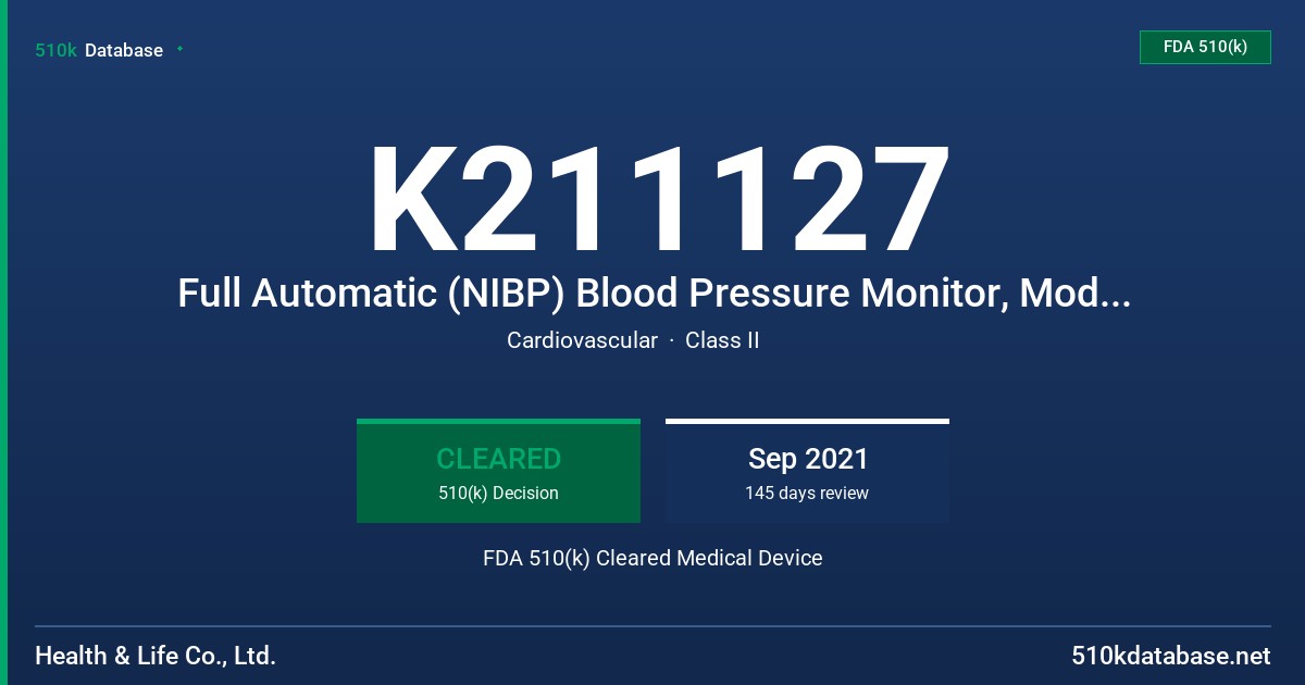 K211127 Full Automatic (NIBP) Blood Pressure Monitor, Model HL858DM FDA 510(k) Cleared Medical Device