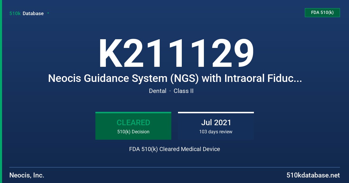 K211129 Neocis Guidance System (NGS) with Intraoral Fiducial Array FDA 510(k) Cleared Medical Device