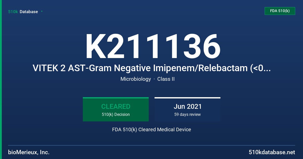 K211136 VITEK 2 AST-Gram Negative Imipenem/Relebactam (<0.25/4 - >16/4 ug/ML) FDA 510(k) Cleared Medical Device
