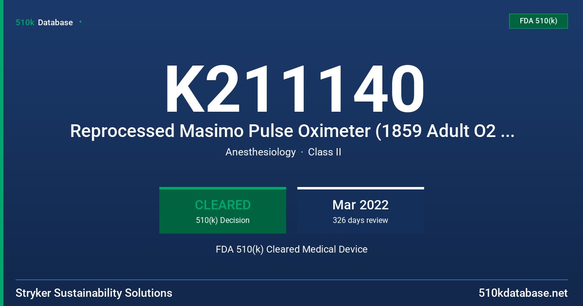 K211140 Reprocessed Masimo Pulse Oximeter (1859 Adult O2 Transducer), Reprocessed Masimo Pulse Oximeter (1860 Pediatric O2 Transducer), Reprocessed Masimo Pulse Oximeter (1861 Infant O2 Transducer), Reprocessed Masimo Pulse Oximeter (1862 Adult O2 Transducer), Reprocessed Masimo Pulse Oximeter (2317 Adult O2 Transducer), Reprocessed Masimo Pulse Oximeter (2319 Infant O2 Transducer), Reprocessed Masimo Pulse Oximeter (2320 Adult O2 Transducer), Reprocessed Masimo Pulse Oximeter (2328 Infant O2 FDA 510(k) Cleared Medical Device