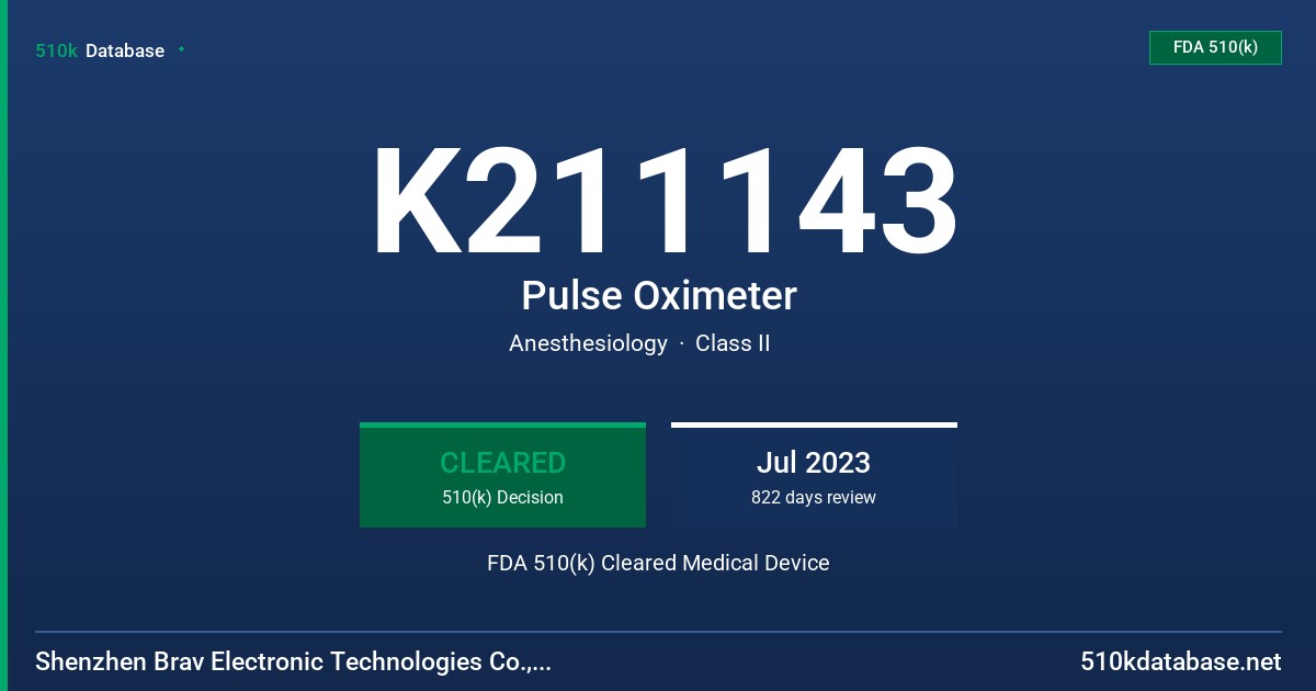 K211143 Pulse Oximeter FDA 510(k) Cleared Medical Device