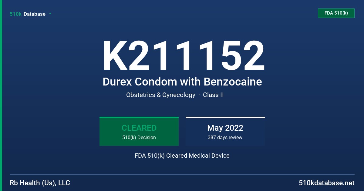K211152 Durex Condom with Benzocaine FDA 510(k) Cleared Medical Device