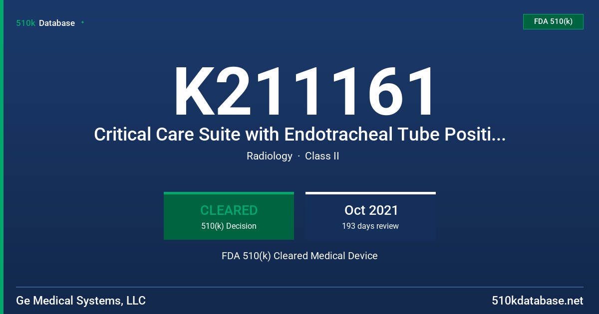K211161 Critical Care Suite with Endotracheal Tube Positing AI algorithm FDA 510(k) Cleared Medical Device