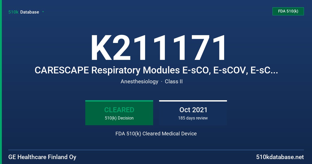 K211171 CARESCAPE Respiratory Modules E-sCO, E-sCOV, E-sCOVX, E-sCAiO, E-sCAiOV, E-sCAiOVX, E-sCAiOE, E-sCAiOVE and accessories FDA 510(k) Cleared Medical Device