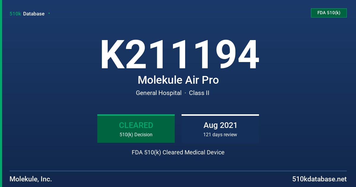 K211194 Molekule Air Pro FDA 510(k) Cleared Medical Device