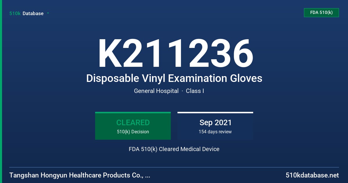 K211236 Disposable Vinyl Examination Gloves FDA 510(k) Cleared Medical Device