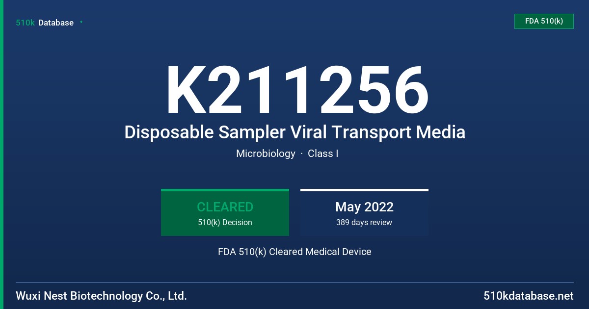 K211256 Disposable Sampler Viral Transport Media FDA 510(k) Cleared Medical Device