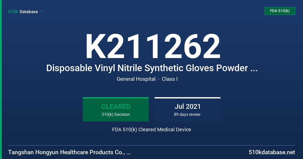 K211262 Disposable Vinyl Nitrile Synthetic Gloves Powder Free FDA 510(k) Cleared Medical Device