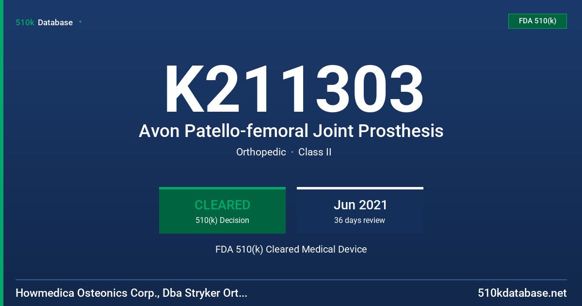 K211303 Avon Patello-femoral Joint Prosthesis FDA 510(k) Cleared Medical Device