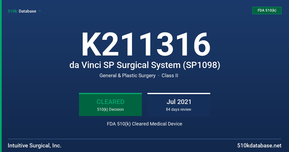 K211316 da Vinci SP Surgical System (SP1098) FDA 510(k) Cleared Medical Device