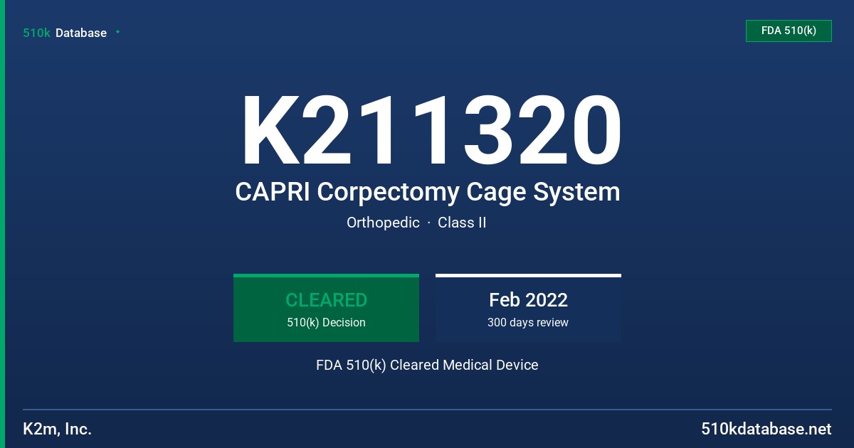 K211320 CAPRI Corpectomy Cage System FDA 510(k) Cleared Medical Device