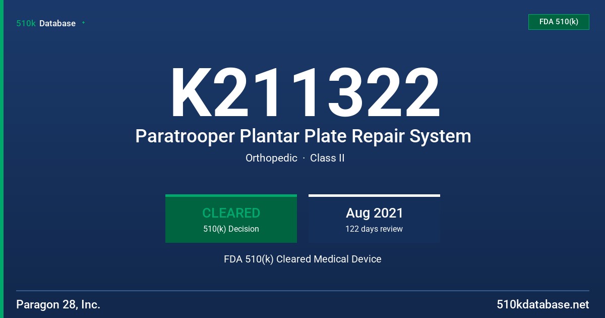 K211322 Paratrooper Plantar Plate Repair System FDA 510(k) Cleared Medical Device