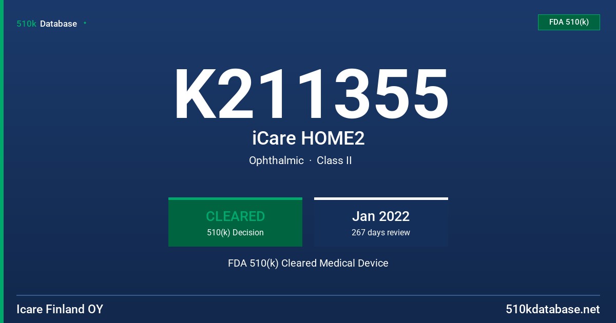 K211355 iCare HOME2 FDA 510(k) Cleared Medical Device